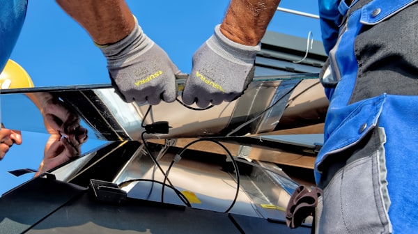 Panneaux solaires photovoltaïques au sol avec reflets du soleil